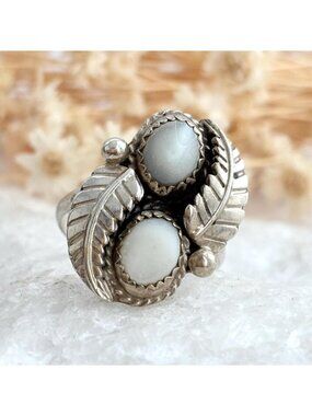 Navajo Mother of Pearl Inlay Leaf 925 Sterling Silver Vintage Ring - sz 7.25